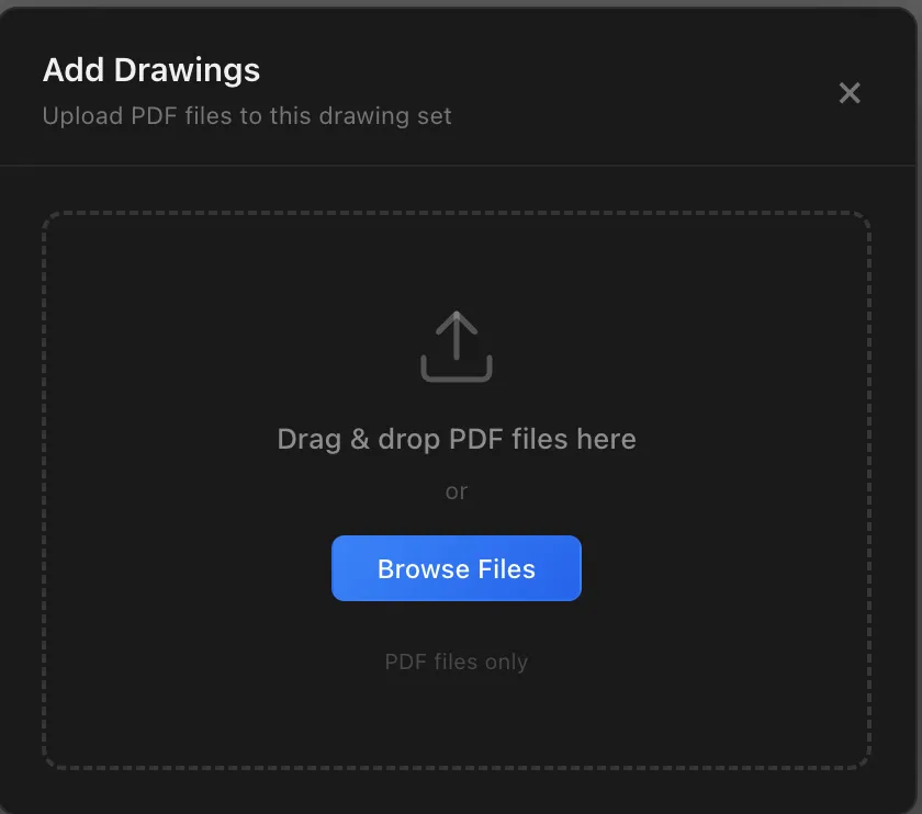 The Add Drawings dialog, with a drag and drop area and a Browse Files button