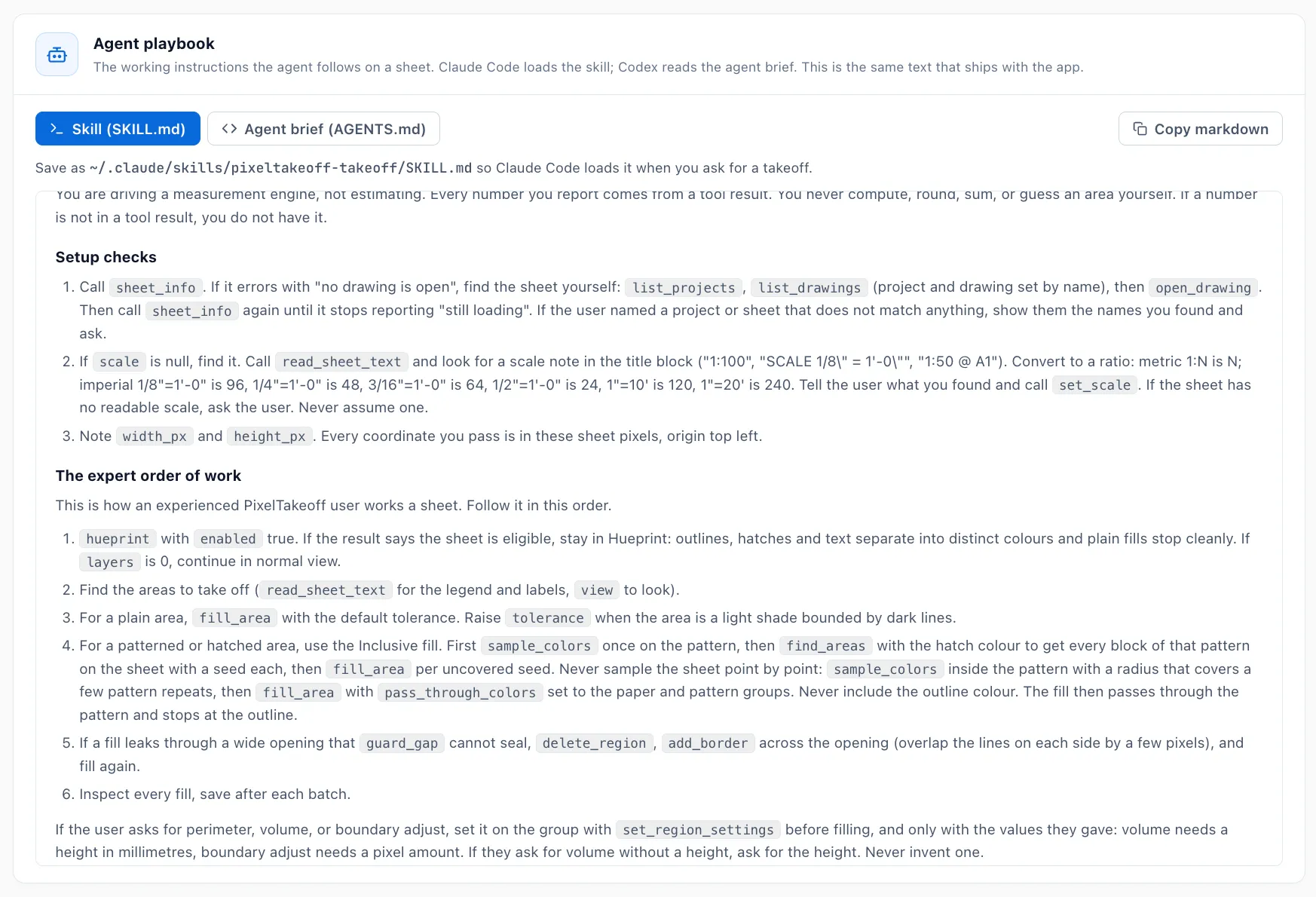 The Agent playbook card with the Skill tab selected, a Copy markdown button, the install path for Claude Code above the text, and the rendered playbook showing the setup checks and the expert order of work