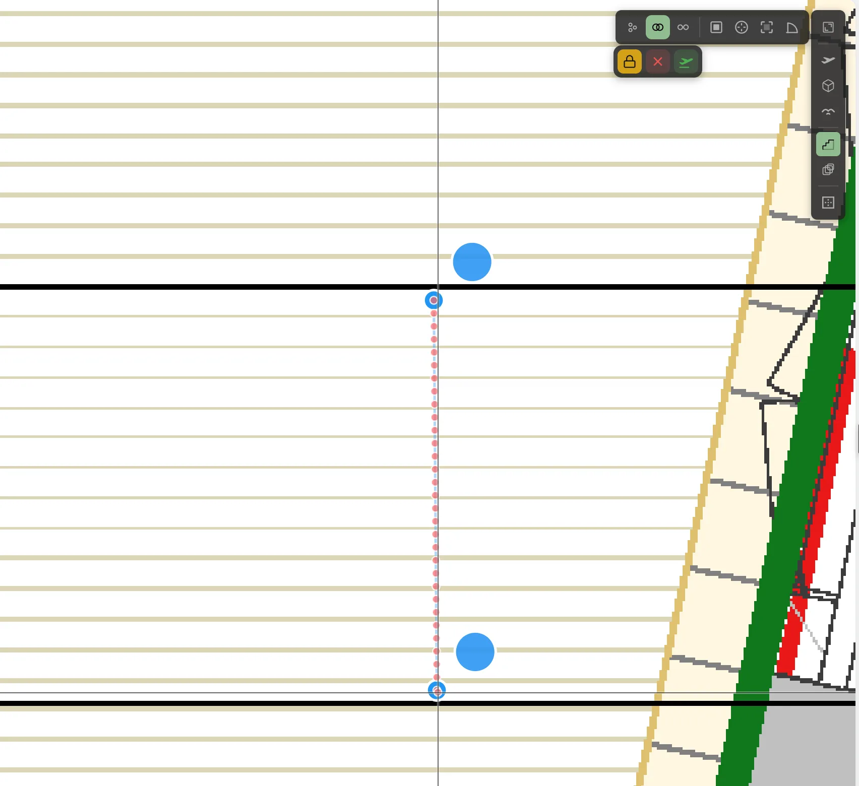 A paved band with two dots placed at either end and a dotted line running between them, Merge active in the batch controls