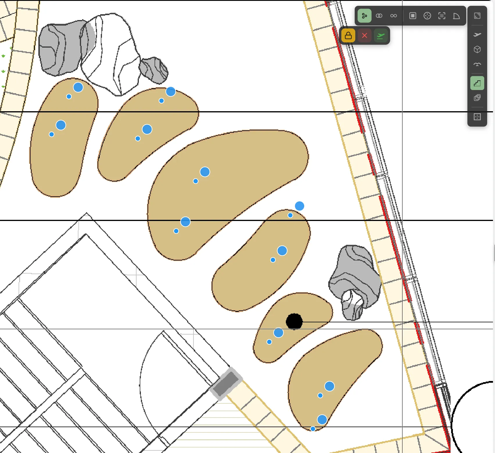 Eight planting beds across a site plan, each with a dot placed inside it, and the batch controls above the drawing with Multi active