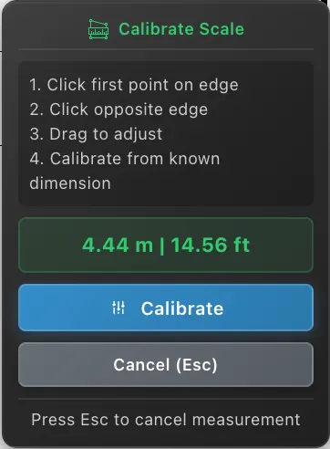 The panel showing the measured value with Calibrate and Cancel buttons