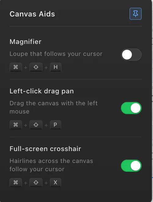 The Canvas Aids panel with three toggles, Magnifier off, Left-click drag pan on and Full-screen crosshair on, each showing its keyboard shortcut, and a pin button in the corner