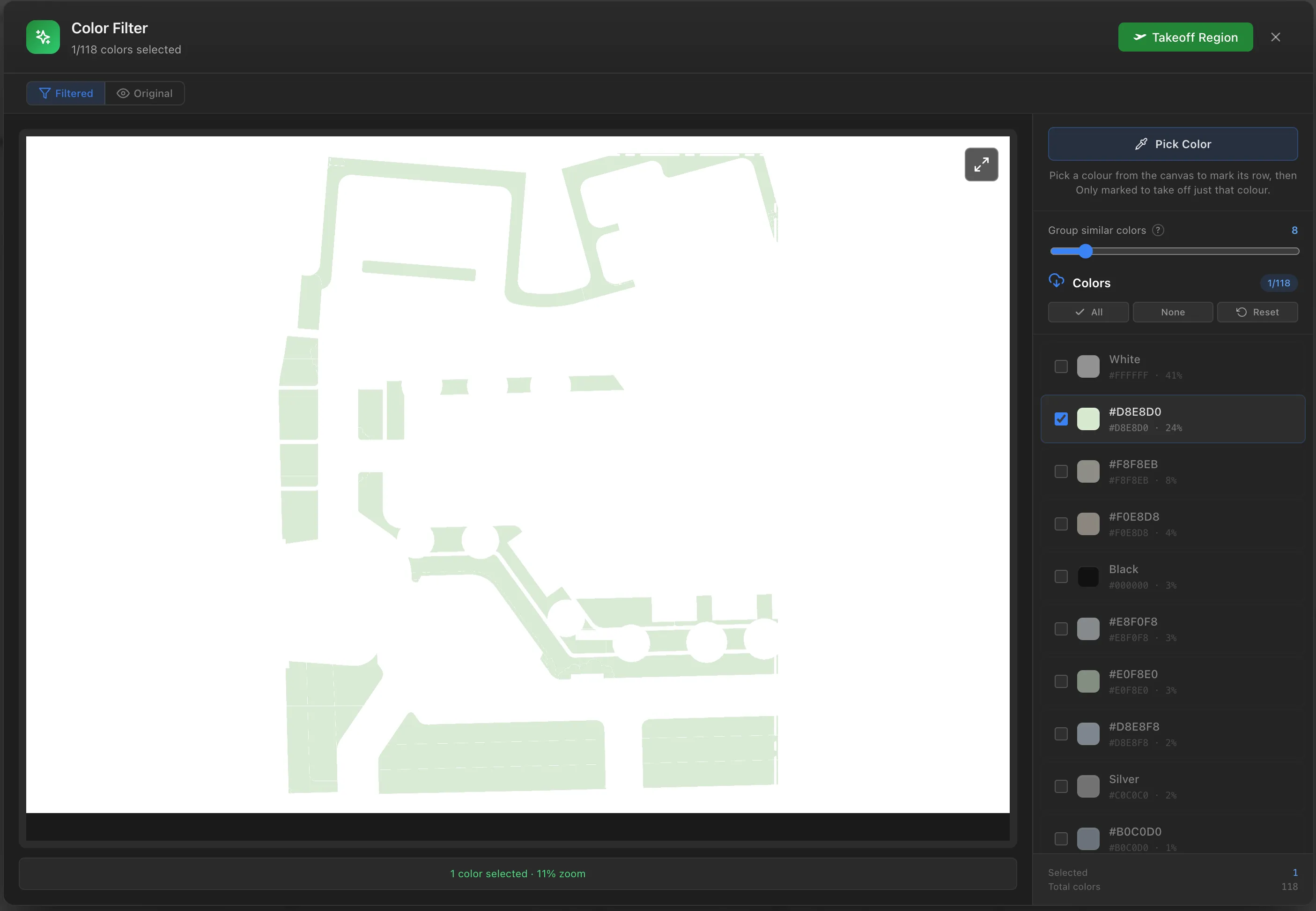 The Color Filter window with one green colour ticked out of 118, the preview showing only the planting areas in that colour and everything else gone