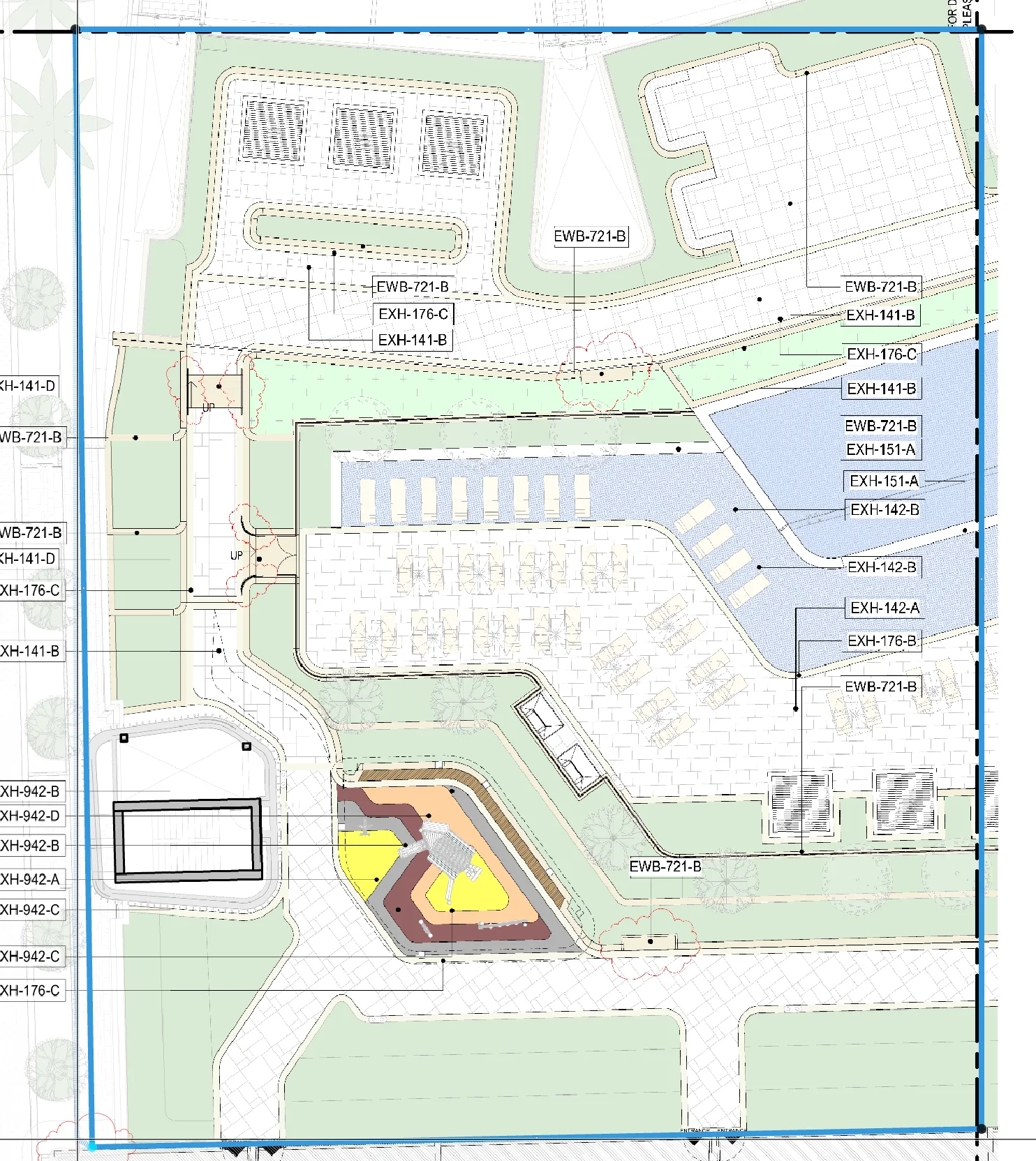 A site plan with the Color Filter polygon drawn around the landscaped courtyard, shown as a blue outline following the area's edges