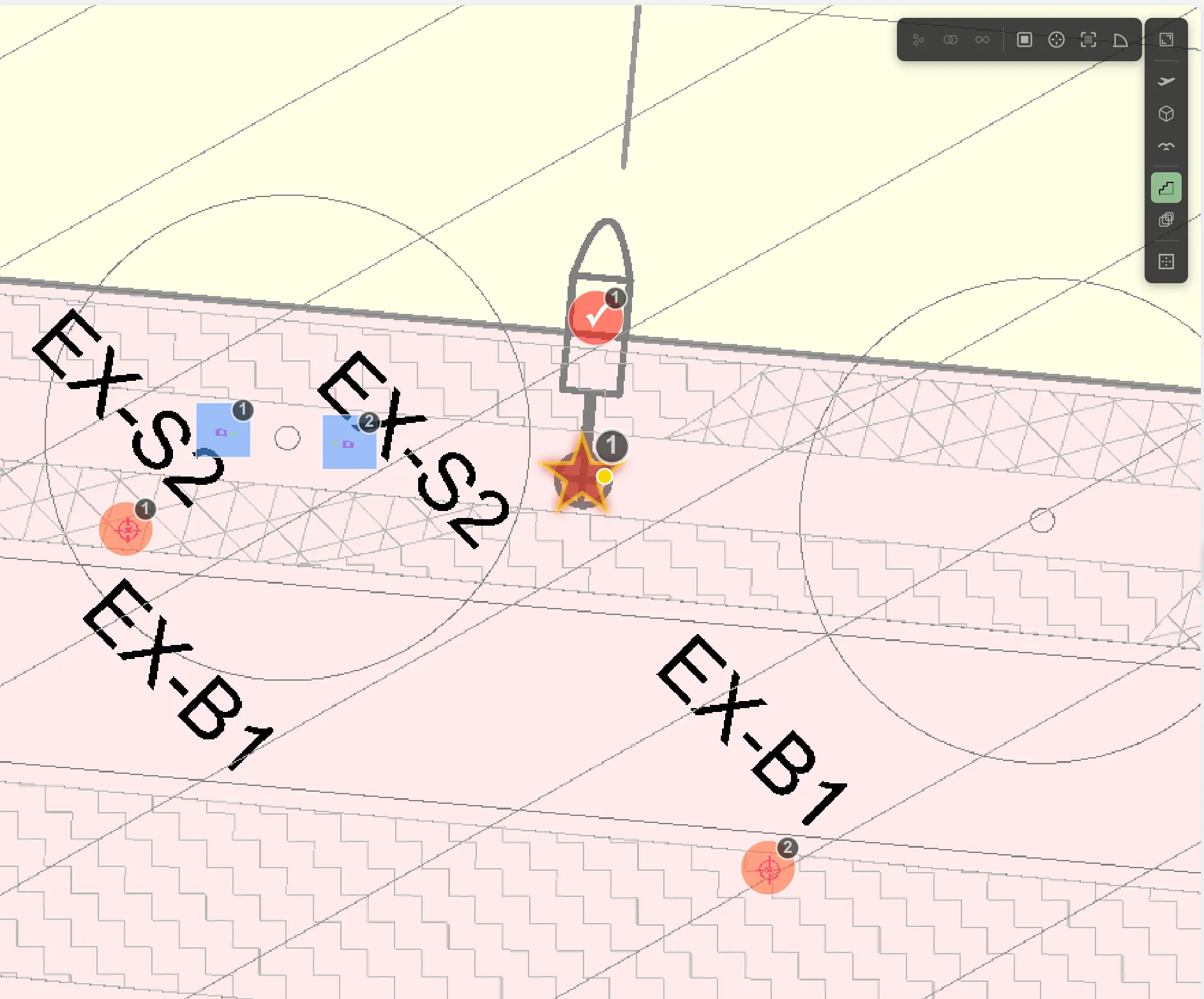 A drawing area with four different count groups placed on it, using tick, box, target and star markers in four colours, each marker carrying its own number
