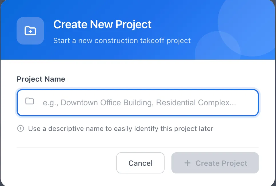 The Create New Project dialog, with a Project Name field and a Create Project button