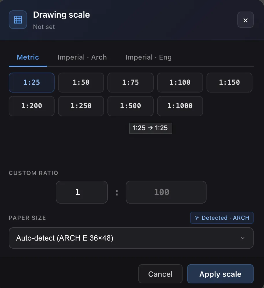 The Drawing scale dialog, showing preset ratios and a custom ratio