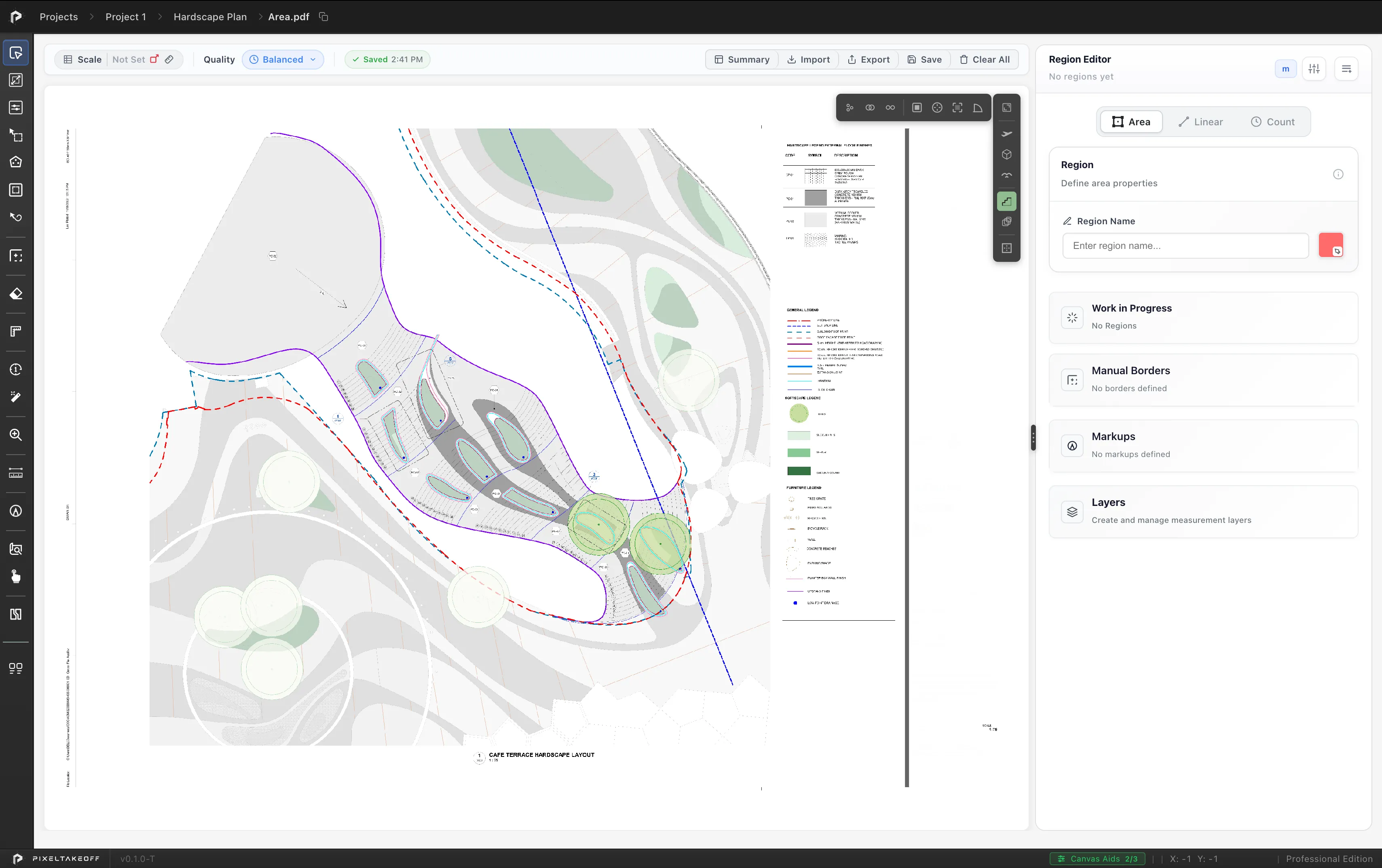 The editor, with the toolbar on the left, the drawing on the canvas and the Region Editor panel on the right
