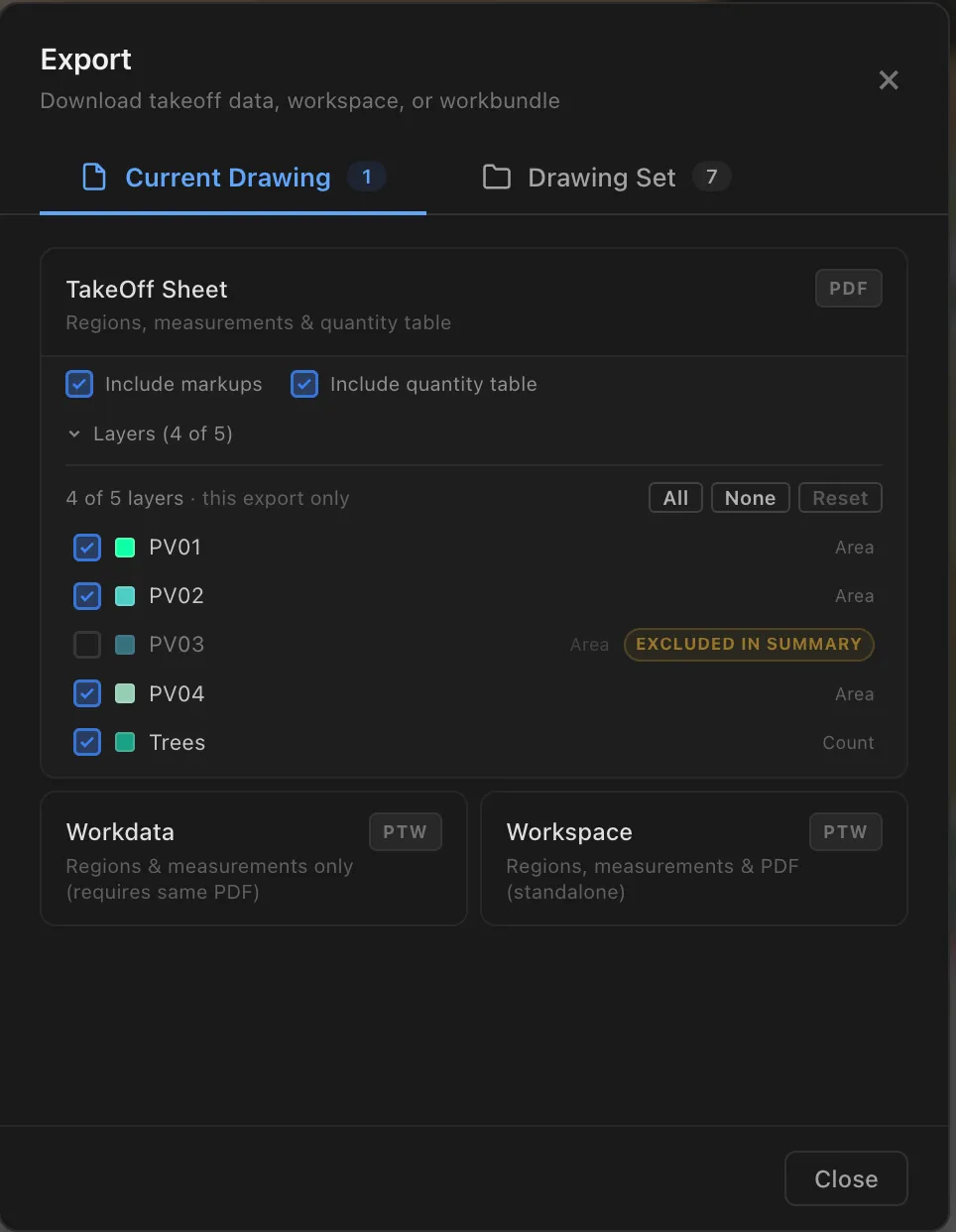 The Export dialog, with the TakeOff Sheet PDF option and its include summary toggle