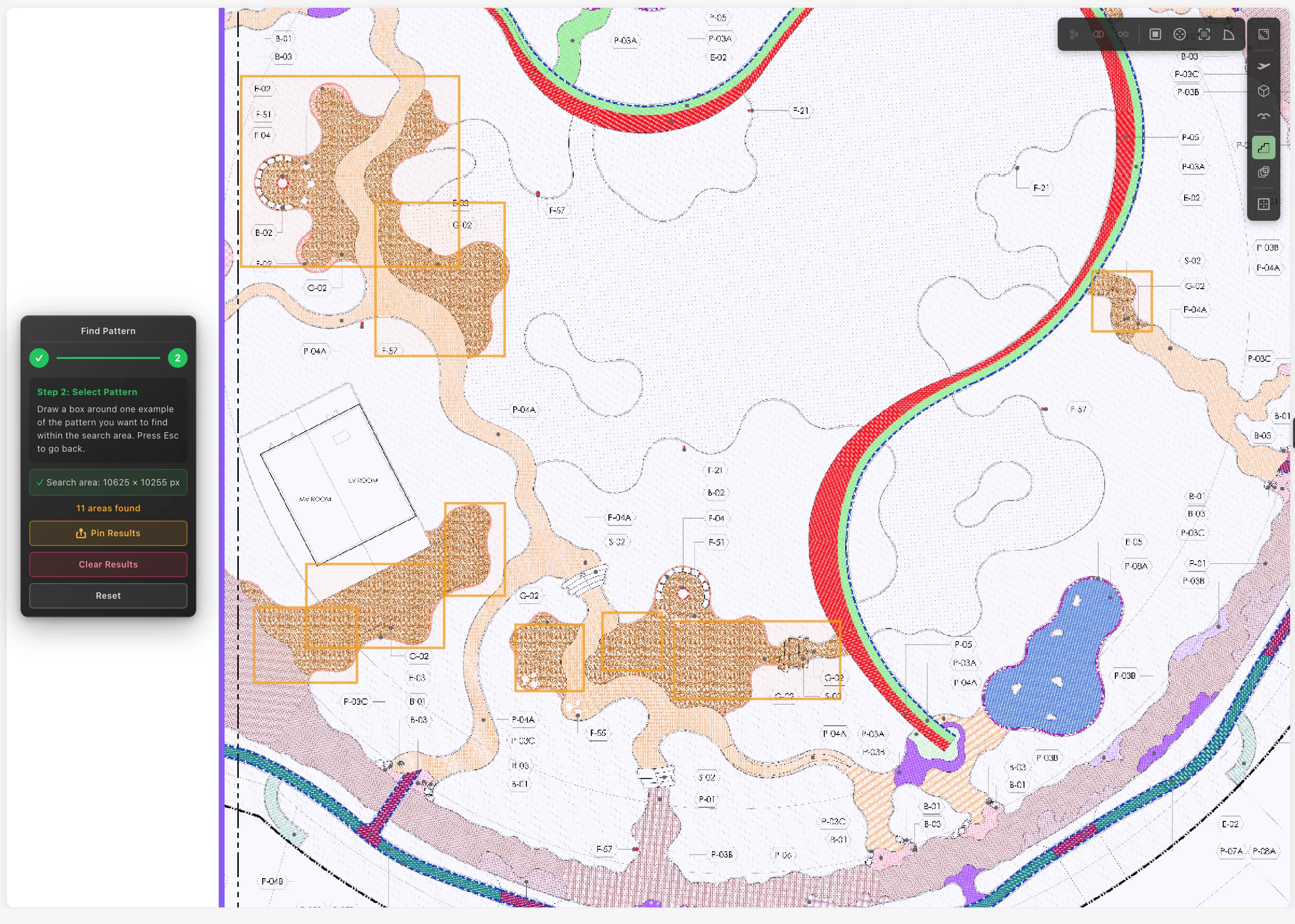 The editor with orange boxes marking eleven places the gravel pattern was found across the sheet, and the panel on the left reading 11 areas found above Pin Results, Clear Results and Reset