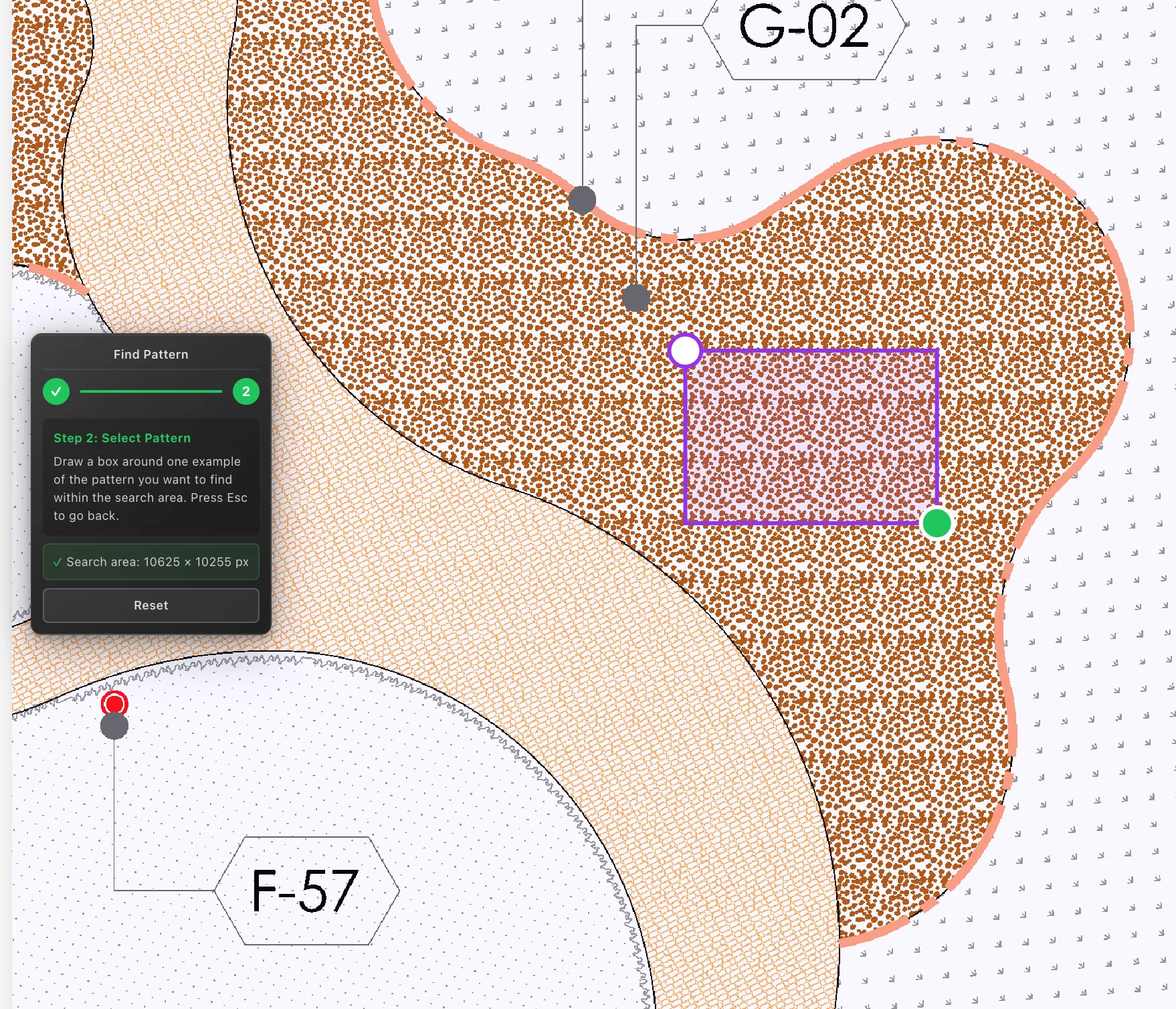 The Find Pattern step panel on the canvas at Step 2, Select Pattern, with the search area confirmed above a Reset button, and a box being drawn around one example of a gravel texture on the drawing