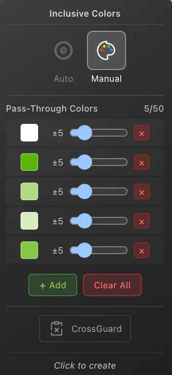 The Inclusive Colors panel with five colours in the Pass-Through Colors list, each with its own tolerance, and the CrossGuard button below