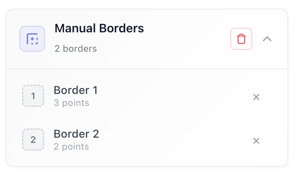 The Manual Borders section, listing two borders with their point counts