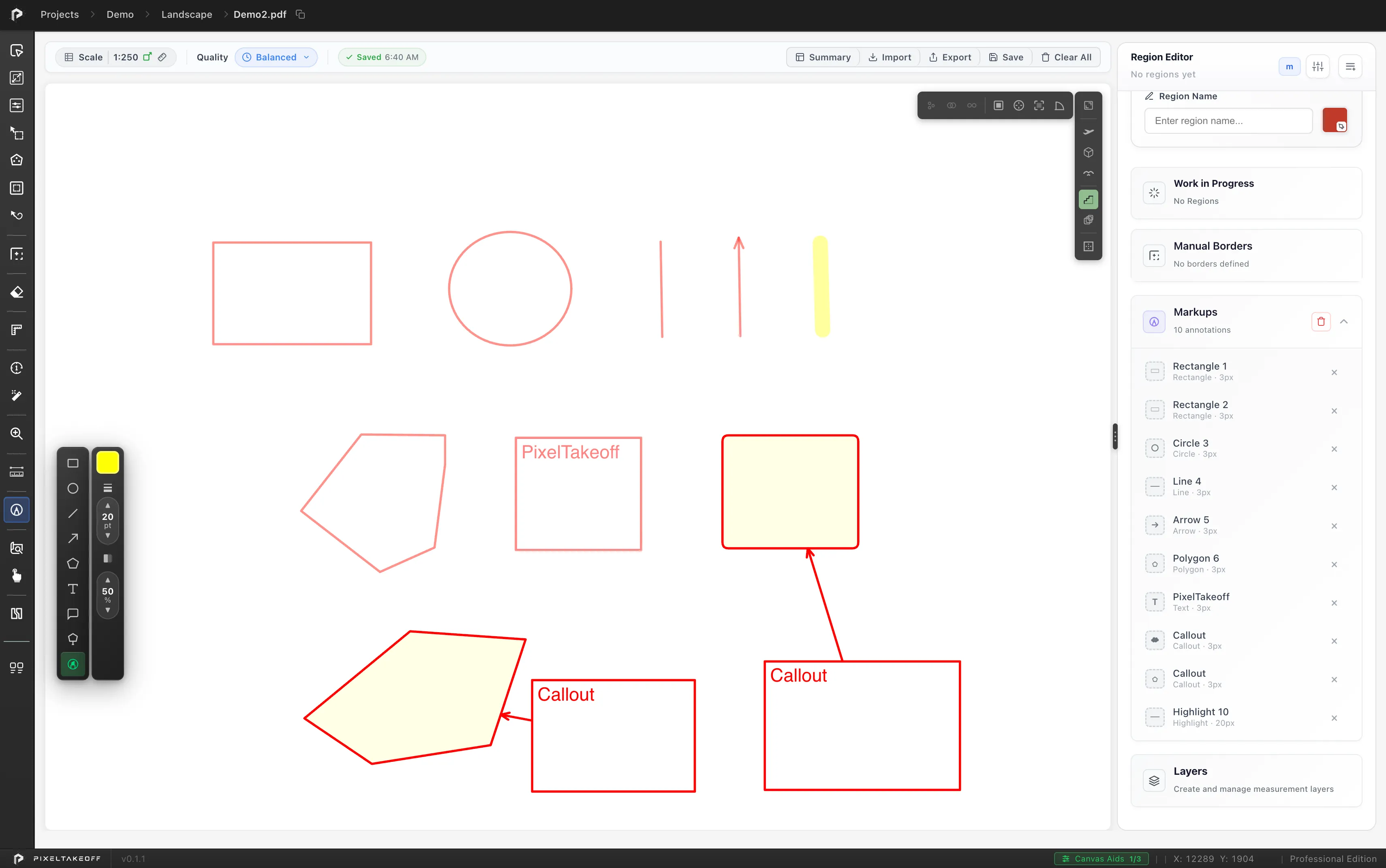 The editor with the markup sub-toolbar open on the left, every markup kind drawn on the sheet beside it, and the Markups panel on the right listing ten annotations by name, kind and thickness