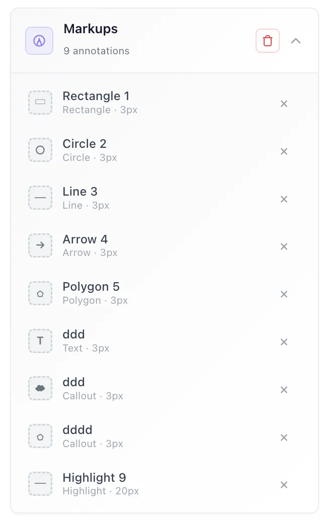 The Markups section, listing annotations by name, kind and thickness