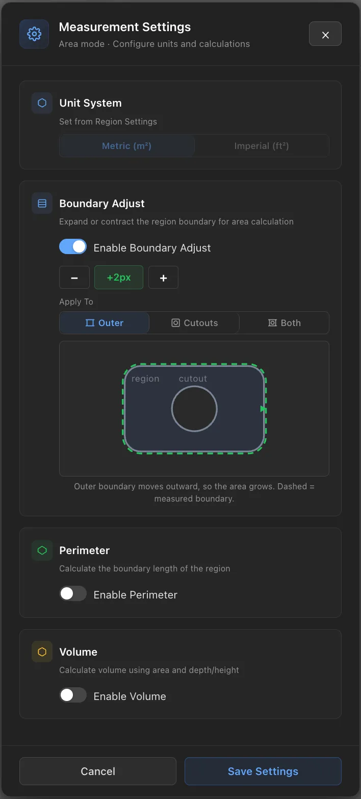Measurement Settings in Area mode, showing Unit System, Boundary Adjust, Perimeter and Volume