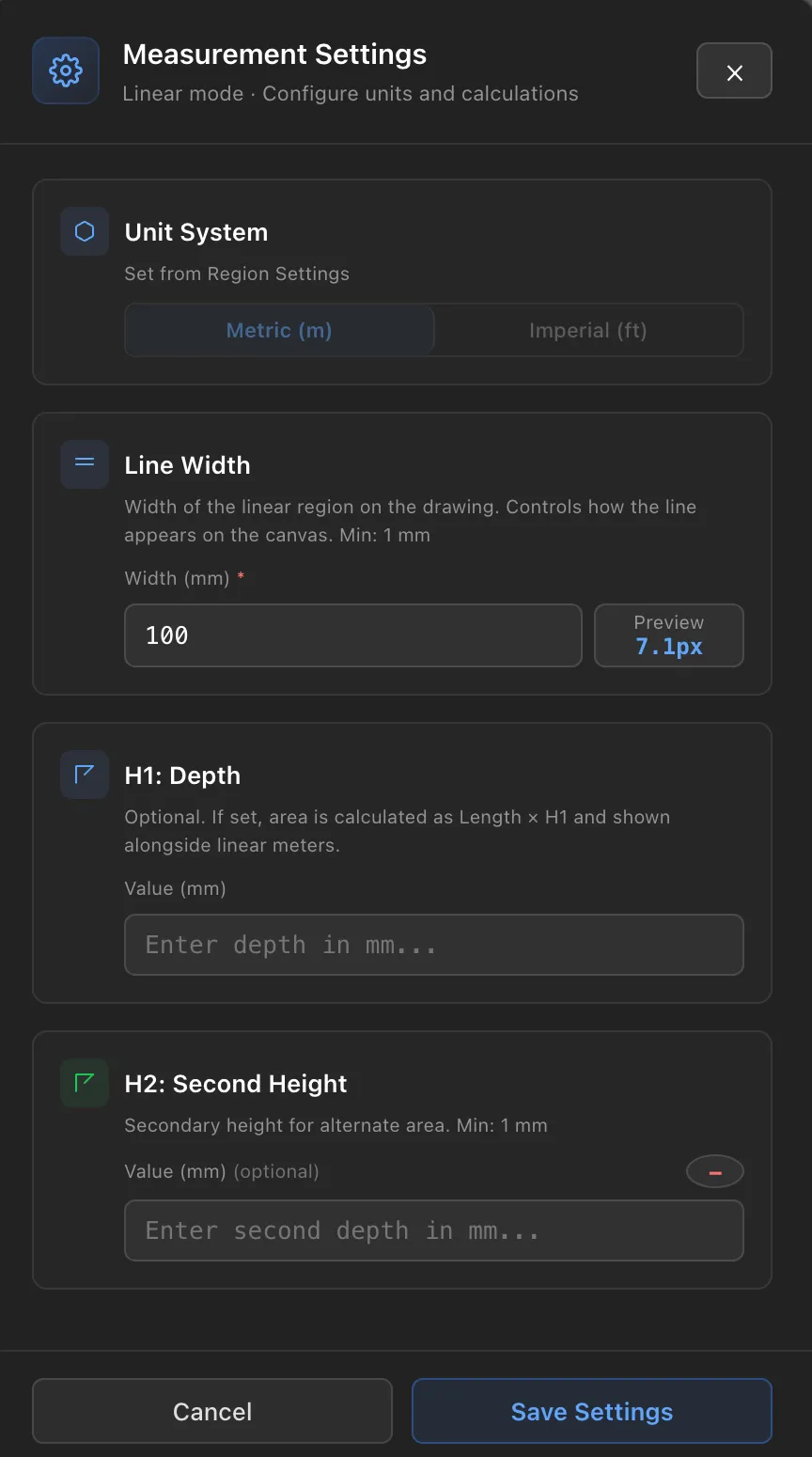 Measurement Settings in Linear mode, showing Unit System, Line Width, H1 Depth and H2 Second Height