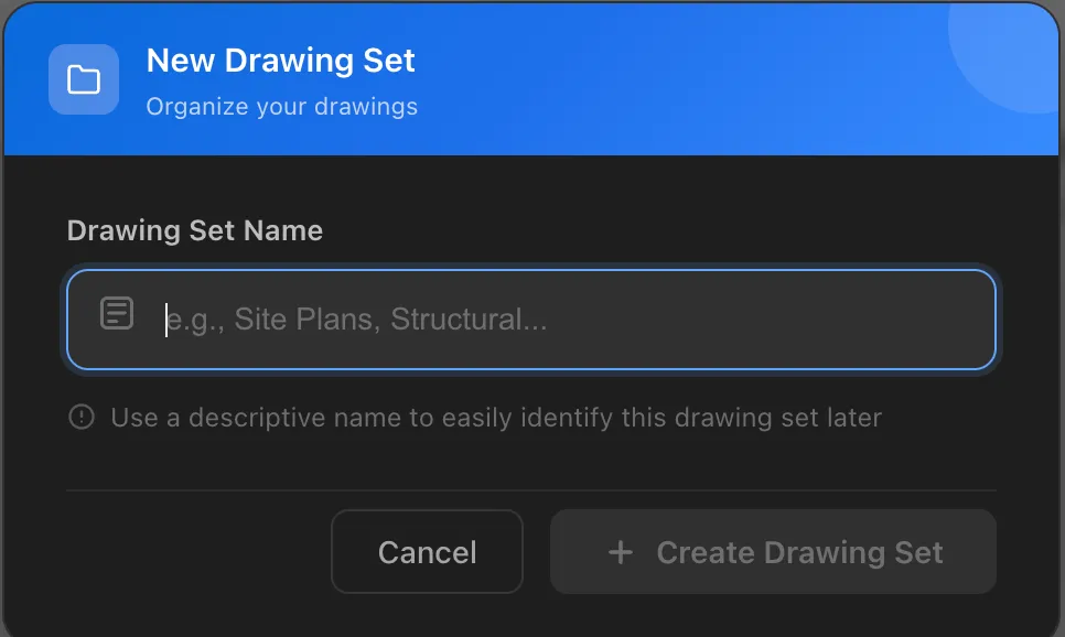 The New Drawing Set dialog, with a Drawing Set Name field and a Create Drawing Set button