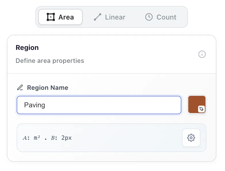 The Area tab, with a Region Name field, colour swatch and a measurement summary