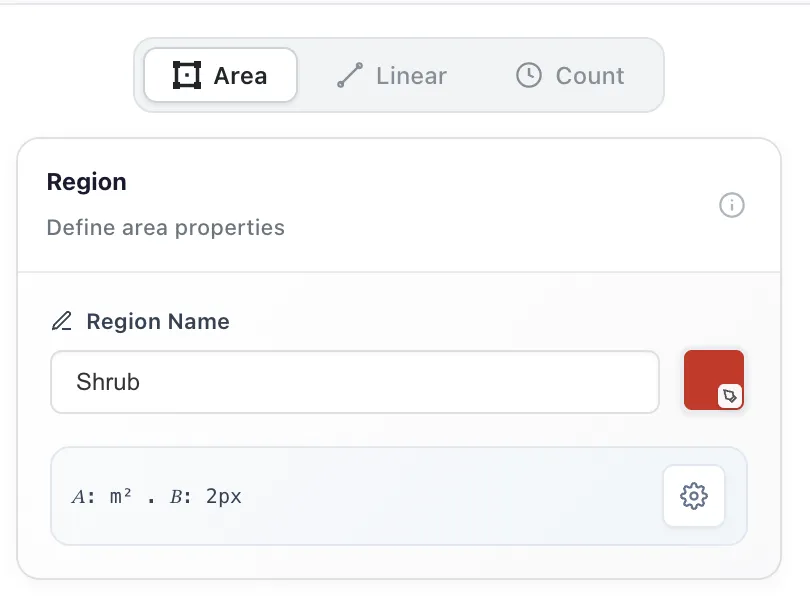 The Area tab of the new region form, with a Region Name of Shrub, a colour swatch, and a summary strip reading A: m² and B: 2px