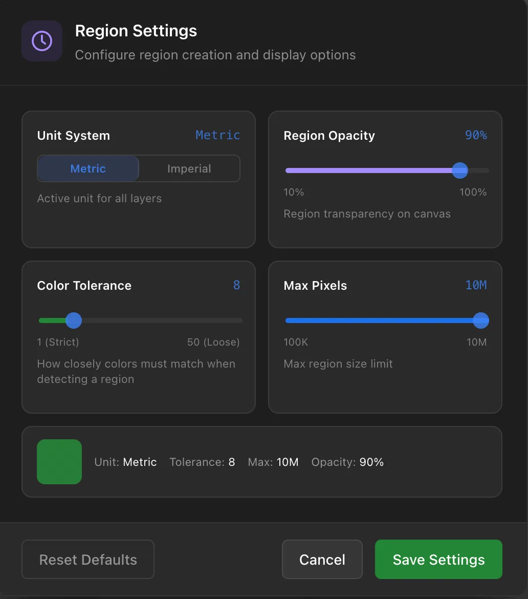 The Region Settings dialog, with Unit System, Region Opacity, Color Tolerance and Max Pixels