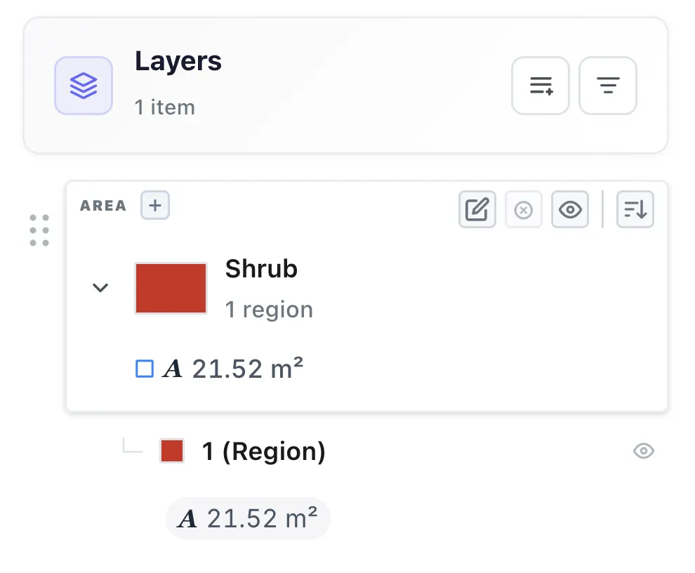 The Layers panel, with the saved Shrub layer showing its colour, one region and its area total