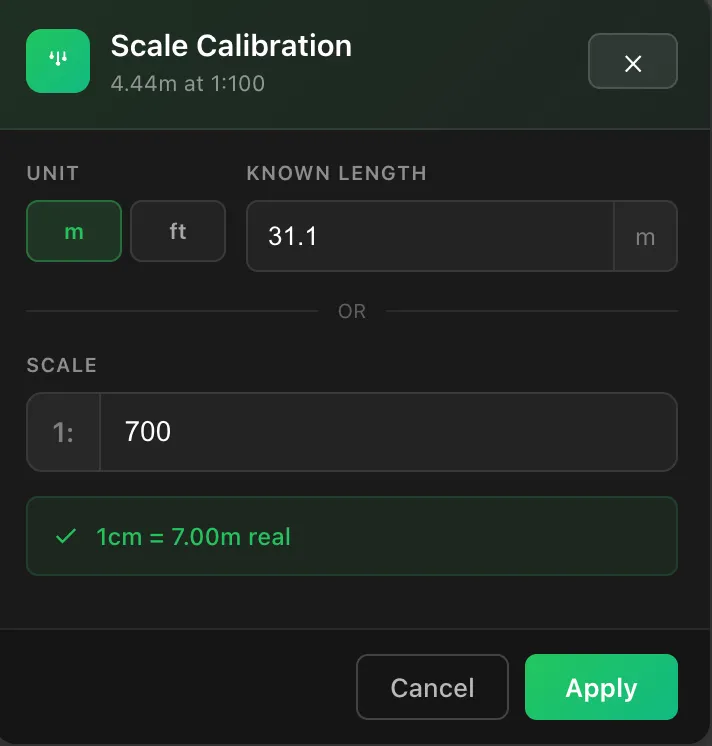The Scale Calibration dialog with a unit toggle, a known length field, an alternative scale field, and a confirmation reading 1cm = 7.00m real
