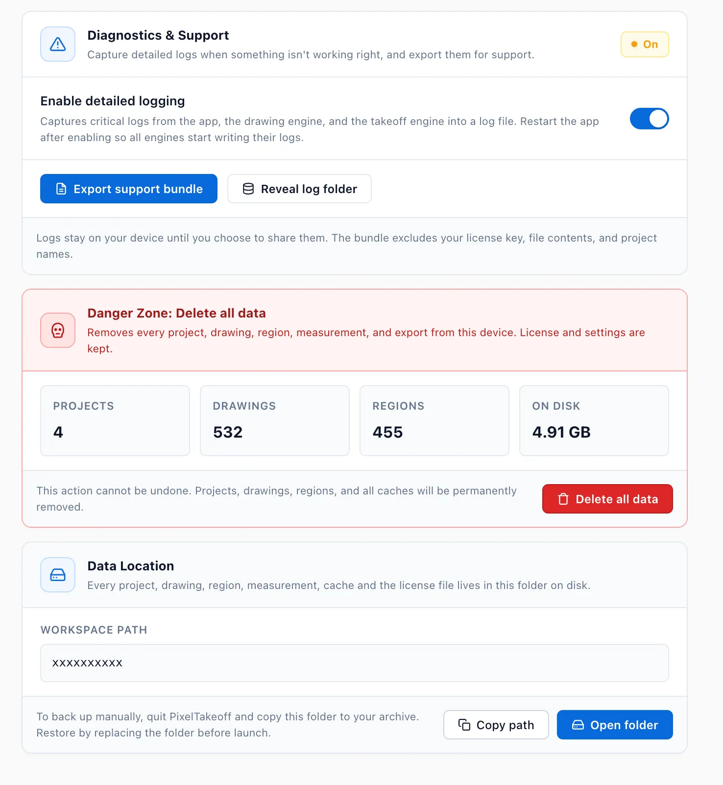 The Advanced tab showing Diagnostics and Support with detailed logging on, the Danger Zone Delete all data card with counts of projects, drawings and regions, and the Data Location card