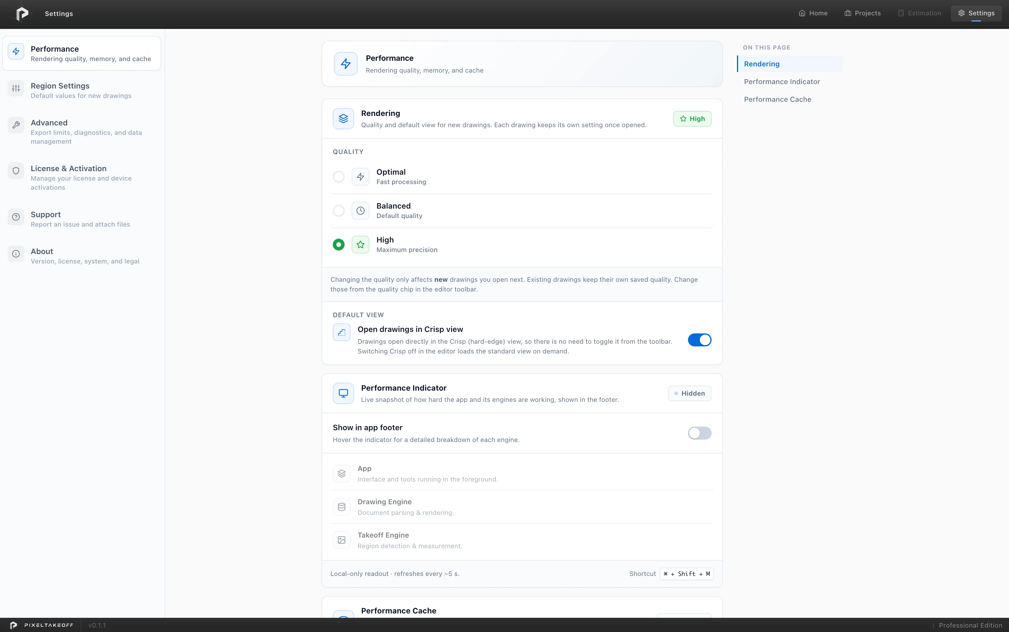 The settings screen with the six tabs down the left, the Performance tab selected, and its Rendering, Performance Indicator and Performance Cache sections on the right