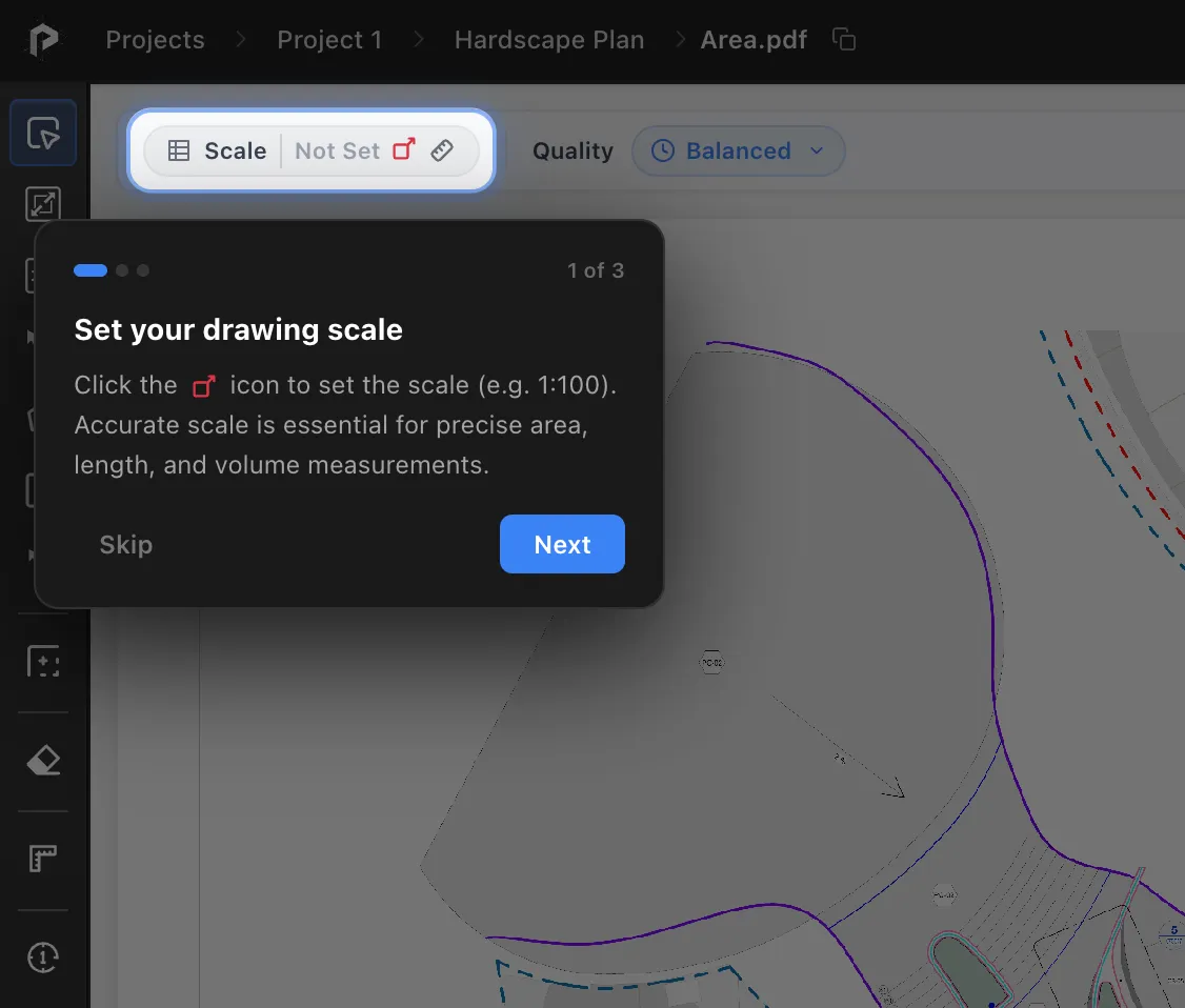 The first tour step, spotlighting the Scale control reading Not Set