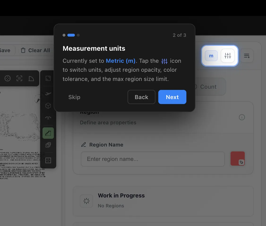 The second tour step, spotlighting the units and region settings controls