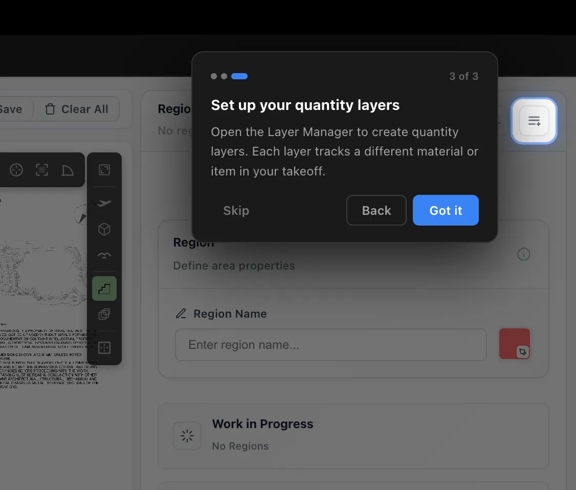 The third tour step, spotlighting the Layer Manager button