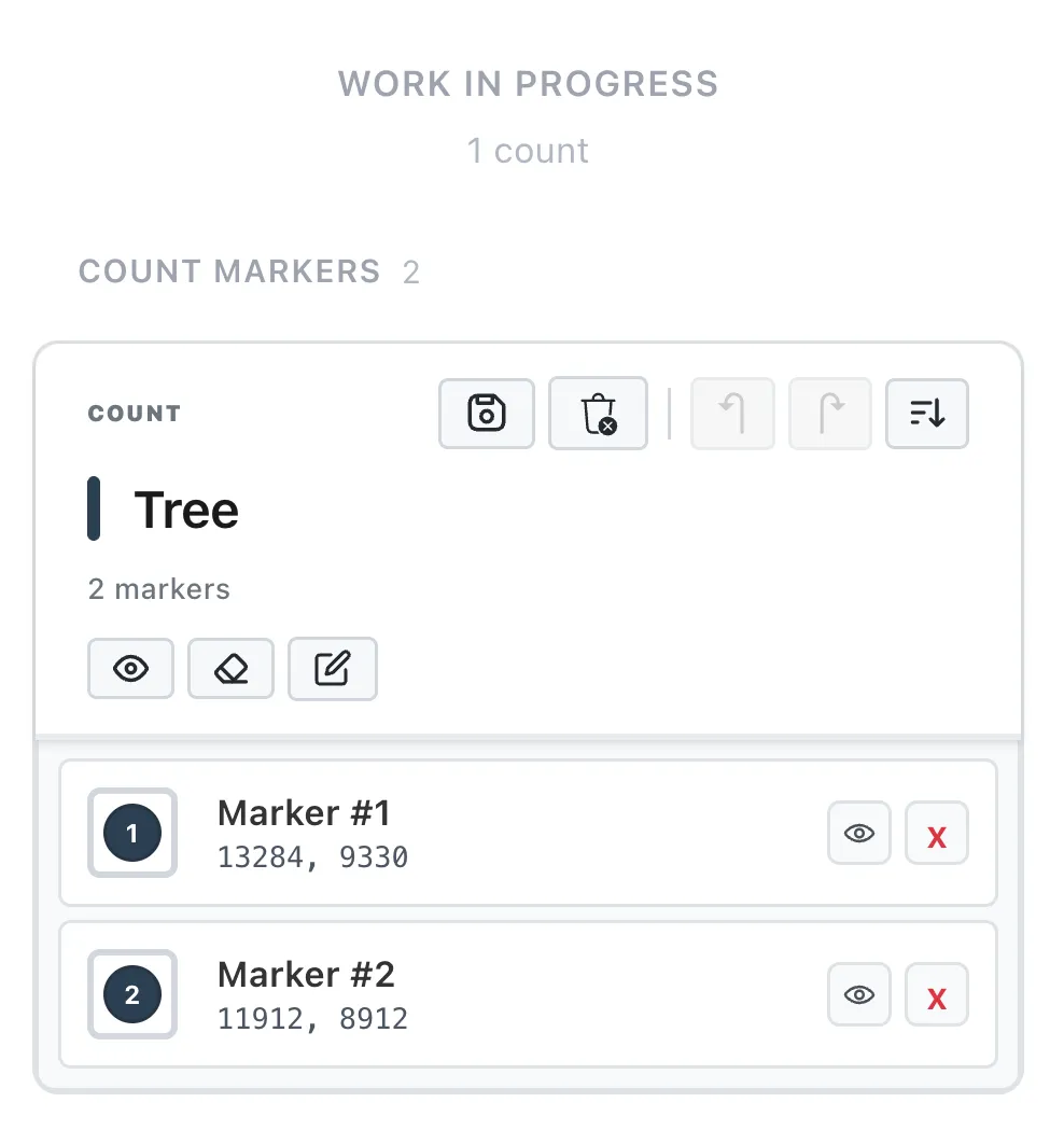 A Count group in Work in Progress, with two numbered markers listed