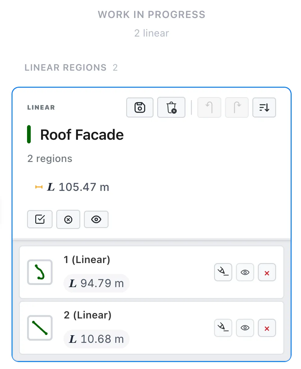 A Linear group in Work in Progress, with two runs, each with its length, Edit Region, show and delete buttons