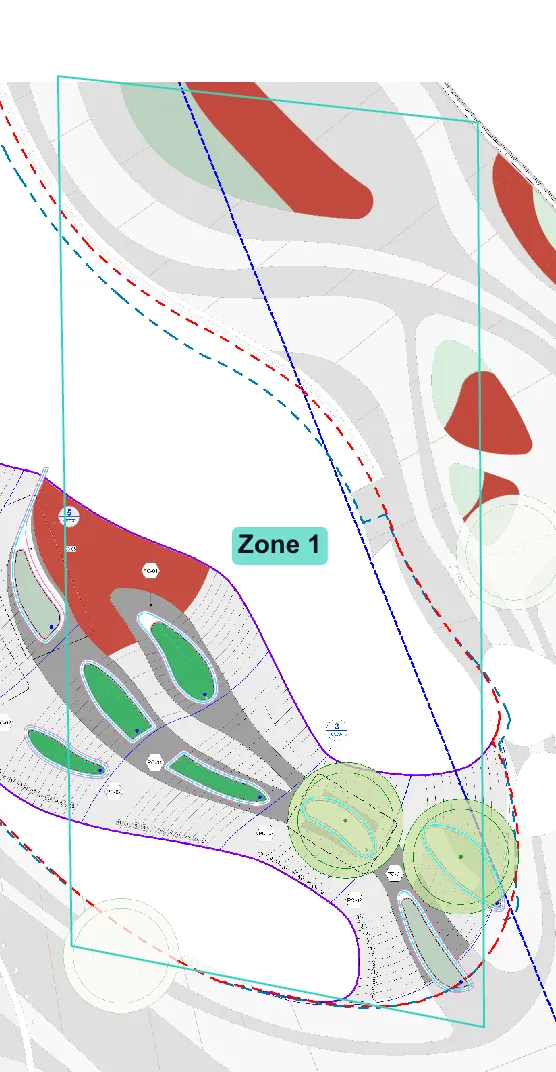 A zone named Zone 1 drawn as a boundary over a site plan that has already been taken off, with some measured areas wholly inside the boundary and others cut by it